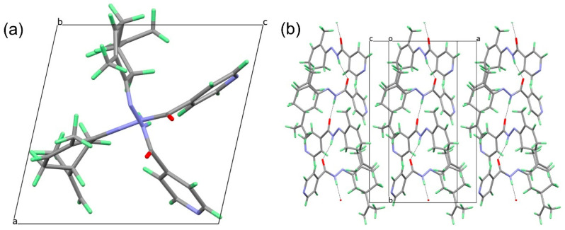 (a) A view of the two crystallographically independent molecules of 3i along b axis disclosing the inner side. (b) Crystal packing of 3i propagating along α axis; 3i molecules are linked through intermolecular N–H•••O hydrogen bonds (dashed lines) between the hydrazide N–H groups and carbonyl oxygen atoms, generating one-dimensional chains that propagate parallel to the crystallographic β axis.