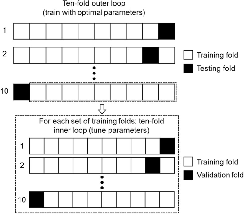 Schematic overview of the tenfold cross-validation. Within each tenfold of the outer loop for training and testing, a tenfold cross-validation inner loop was defined over the training folds to optimize classifier-specific parameters