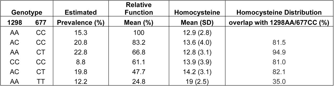 Effect of common MTFHR SNPs on average function and homocysteine.Average MTHFR function and homocysteine levels by rs1801131 (A1298C) and rs1801133 (C677T) SNP combination, as published by van der Put et al..12 Genotypes are listed in order of in vitro MTHFR enzyme function, with estimated population prevalence taken from Brown et al..23 The likelihood of null effect of each combination of MTHFR SNPs was determined as the percent overlap of its normal distribution with that with the “wild type” genotype (1298AA/677CC). Significant non-linearity between degree of MTHFR function and homocysteine is seen, with the most common genotypes, representing close to 88% of the population and 47.7%-83.2% enzyme function displaying 81-95% likelihood of null effect on resulting homocysteine levels.