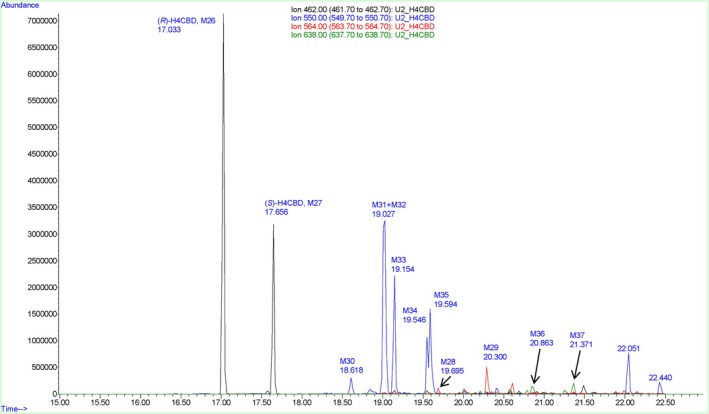 Overlayed XIC of a trimethylsilylated extract from a deglucuronidated urine sample 3 h after oral ingestion of H4CBD. H4CBD (black, M26 and M27), carboxylated metabolites (red, M28 and M29), hydroxylated metabolites (blue, M30–M35), and bishydroxylated metabolites (green, M36 and M37).