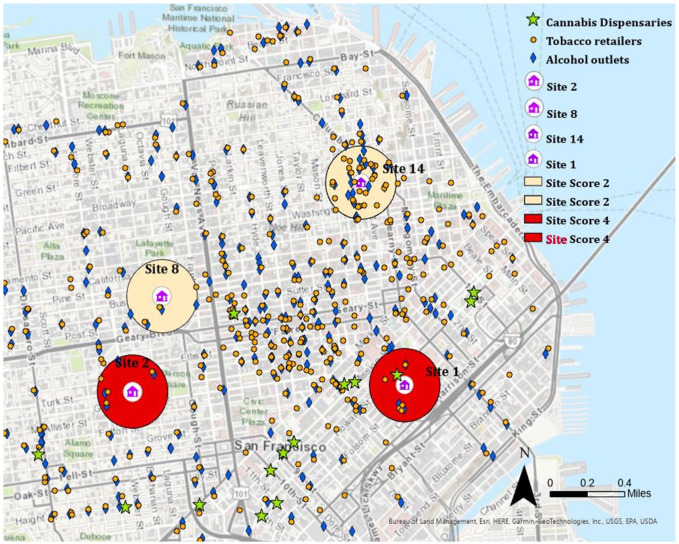Map of Alcohol Outlets, Cannabis Dispensaries, and Tobacco Retailers Around Site 1, Site 2, Site 8, and Site 14aaSite score is the composite score (range 0–4) of neighborhood-level exposure to alcohol, cannabis, substance use, and tobacco paraphernalia around each site. A score of 4 with a red buffer indicates high level of exposure around each site. For example, Sites 1 and 2 had neighborhood assessment scores of 4.