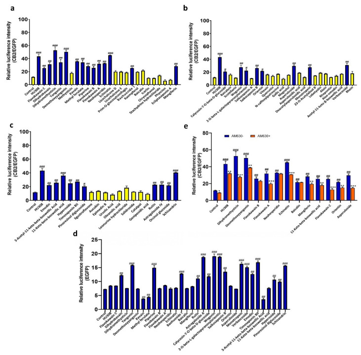 The agonistic effect of botanical compounds on CB2R based on double luciferase reporter assay. (a–c) Effects of botanical compounds on CB2R activation in HEK293-CB2 cells. HEK293-CB2 cells were treated with botanical compounds for 6 h and relative luminescence values were used to indicate the agonistic effect of the botanical compounds on CB2R. (d) Effects of the botanical compounds on CB2R activation in HEK293-EGFP cells. (e) The reversal effect of AM630 on the agonistic activity of CB2R in HU308 and screened compounds in HEK293-CB2 cells. The data shown are from three independent experiments and expressed as mean ± SD (n = 3). # p < 0.05, ## p < 0.01 and ### p < 0.001 compared with the control. * p < 0.05, ** p < 0.01 and *** p < 0.001 compared with the corresponding compounds treatment group. EGFP, enhance green fluorescent protein; CB2, type 2 cannabinoid.
