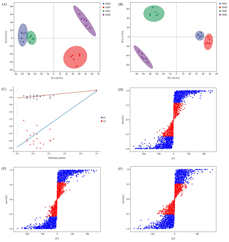 Multivariate statistical analysis of HMD, HMP, HMR, and HMC. (A) PCA score figure; (B) OPLS-DA score plot; (C) Cross-validation plot of OPLS-DA model; (D) S-plot of OPLS-DA showing the different metabolites between HMD and HMP; (E) S-plot of OPLS-DA showing the different metabolites between HMD and HMR; (F) S-plot of OPLS-DA showing the different metabolites between HMD and HMC.