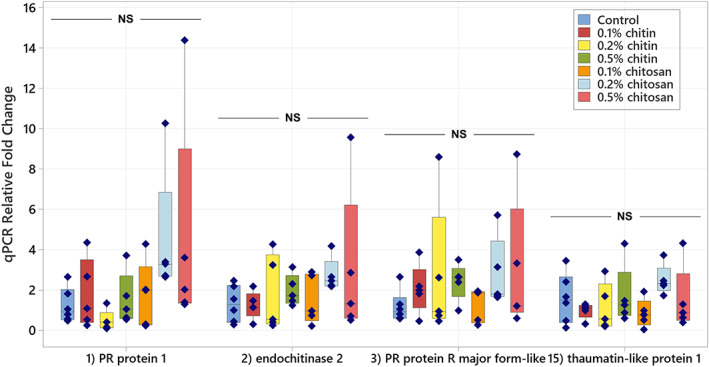 Relative transcript levels of four defense‐related genes, encoding PR protein 1, endochitinase 2, PR protein R major form‐like and thaumatin‐like protein 1, measured from root tissues of chitin and chitosan treatments as normalized to control within five biological replicates. Statistic was tested across all sample groups using ANOVA, followed by Tukey's post hoc analysis but no significant difference (NS) at p < .05 was found in any transcript.