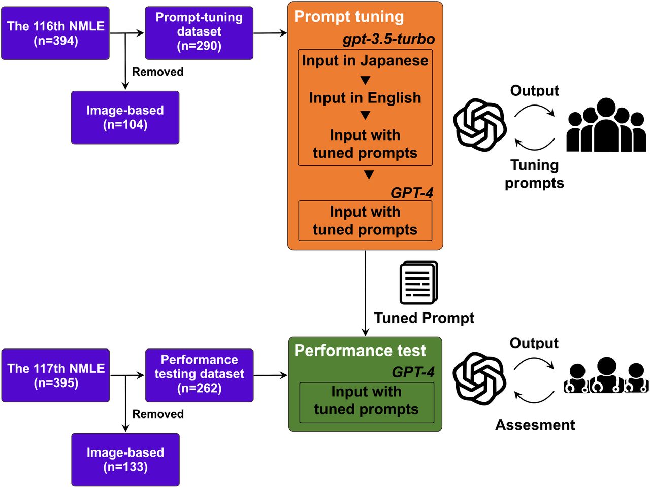Study overview.Questions from the 116th NMLE in Japan were used as the prompt-tuning dataset and those from 117th NMLE were utilized as the performance-testing dataset after removing the image-based questions. During the prompt tuning process, questions from the prompt-tuning dataset were input into GPT-3.5-turbo and GPT-4, using simple prompts in both Japanese and English along with tuned prompts in English. Subsequently, we evaluated the outputs from GPT-3.5-turbo and GPT-4 with tuned prompts. After tuning the prompts, the ChatGPT (GPT-4) model optimized with the tuned prompts was tested on the performance-testing dataset (117th NMLE).