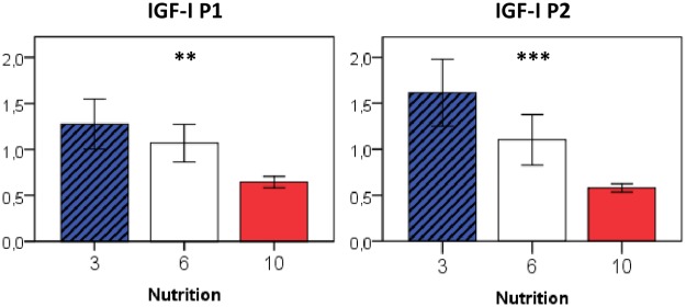 Relative gene expression of IGF-I in the liver at P50 in relation to early postnatal nutrition.If not indicated otherwise, displayed significance levels (** p<0.01, *** p<0.001) refer to comparisons between all three nutrition groups (ANOVA). n = 4–6 males per nutrition group.