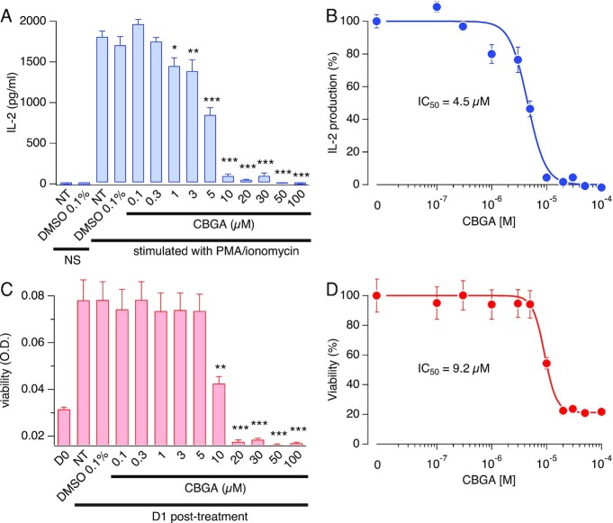 CBGA attenuates IL-2 production in Jurkat T cells. Evaluation of IL-2 levels and cell viability following treatment with CBGA. (A) Jurkat T cells were pretreated with CBGA at doses ranging from 0.1 µm to 100 µm for 30 min then stimulated with 1 µm ionomycin and 20 ng/mL PMA. Supernatants were harvested at 24 h post-treatment and IL-2 concentrations were measured by ELISA. All data points represent mean ± SEM of four independent runs (N = 4), each run containing a triplicate per condition. *P < .05, ***P< .001. Key: NT = nontreated cells, NS = nonstimulated. (B) Concentration–response fit of the effect of CBGA on IL-2. Data points are IL-2 concentrations obtained in A and normalized to the control (stimulated cells in the absence of CBGA). (C) Effect of CBGA on Jurkat T cells viability over a period of 24 h. Viability was measured at day 0 (D0) when cells were seeded, and at 24 h post-treatment (D1: day 1) with different doses of CBGA. All data points represent mean ± SEM of four independent runs (N = 4), each run containing a triplicate per condition. ***P< .001. Key: D0: day 0 prior to treatment, D1: day 1 post-treatment. NT = nontreated cells. (D) Concentration–response fit of the effect of CBGA on cell viability. Data points are optical density (O.D.) values obtained in C and normalized to the nontreated cells at day 1.