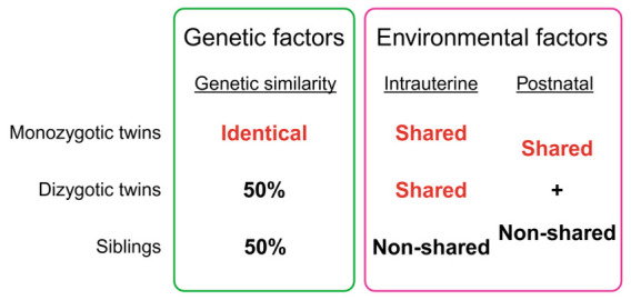 Genetic and environmental factors that contribute to ASD. Conceptual schematic of twin-based estimation of genetic and environmental contributions to ASD liability. Created in BioRender. Kamijo, S. (2026) https://BioRender.com/vpkoxij (accessed on 25 May 2026).