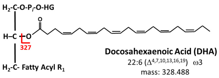 Targeted lipidomics permits the selective targeting of DHA containing phospholipids by conducting precursor ion scans in the negative ion mode for the m/z value that corresponds to the molecular weight of DHA, m/z 327.4.