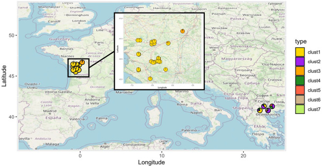 Geographical map showing the distribution of the genetic clusters identified by DAPC at K = 7 in the Phelipanche ramosa populations sampled from oilseed rape fields.