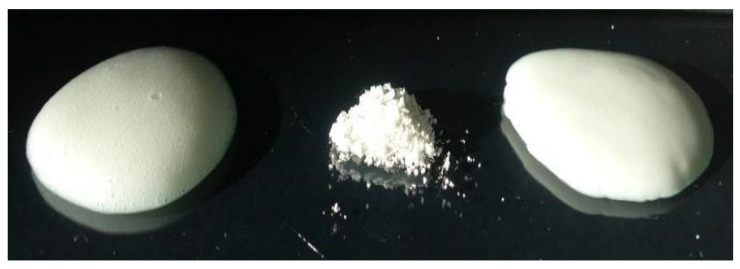 Starting emulgel (Ed), corresponding spray-dried powder (SDEd), and emulgel after reconstitution (Ed_R) (from left to right).
