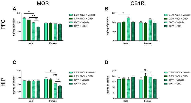 Effect of OXY and CBD administration on the expression of MOR and CB1R in the PFC (A,B) and HIP (C,D) in male and female adolescent rats. OXY decreased MOR expression in the PFC of males (A) and in the HIP of females (C), but increased CB1 expression in the PFC of males (B). Moreover, CBD potentialized the effect of OXY on MOR in the PFC of males (A), ### p < 0.001; ** p < 0.01; * p < 0.05; # p < 0.05, but not females (C), ns—not significant. All data are expressed as mean ± SEM.