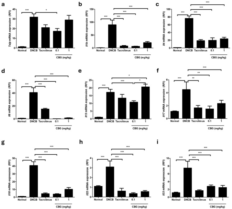 Effects of CBG on cytokine expression in a DNCB-induced AD mouse model. Changes in mRNA expression levels of (a) Tslp, (b) Il1b, (c) Il4, (d) Il6, (e) Il13, (f) Il17, (g) Il18, (h) Il22, (i) Il33 in dorsal skin tissue. Total RNA was extracted and analyzed using qRT-PCR (n = 5/group). Gene expression levels were normalized to Actb. The qRT-PCR was duplicated, and data were analyzed by CFX Manager software (version 3.0) (Bio-Rad Laboratories, Hercules, CA, USA). Data represents the mean ± SEM. Data compared among multiple groups were analyzed using one-way ANOVA. * p < 0.05, ** p < 0.01, *** p < 0.001 compared to Normal or DNCB group. CBG, cannabigerol; DNCB, 1-chloro-2,4-dinitrobenzene; AD, atopic dermatitis; SEM, standard error of the mean.