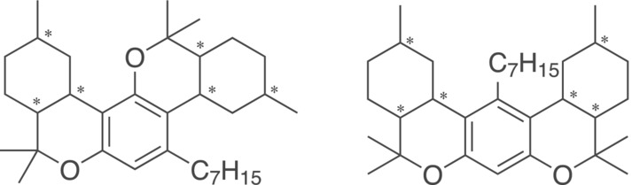 o‐,p‐disubstitution pattern (left) and o‐,o‐disubstitution pattern (right). Stereogenic centers are marked with an asterisk (ortho‐ and para‐ refer to the carbon‐rest in relation to the position of the heptyl group).