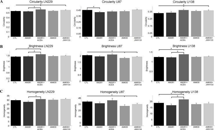Impact of cannabinoids on morphological parameters of single cells.A) shows the mean circularity and sem of single LN229, U87 and U138 cells, when treated with cannabinoid receptor inverse agonists. B) and C) depict the apparent brightness and homogeneity of the same cell lines and treatments together with the sem. For all parameters cell line specific changes that have no apparent receptor specificity can be observed. Statistics was performed using a Kruskal-Wallis test and significance was chosen for p<0.05. The asterisk denotes significant results regarding the respective measurement indicated with the bar.