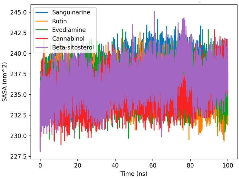SASA Analysis of ODC in complex with Sanguinarine, Rutin, Evodiamine, Cannabinol, and β-sitosterol using 100 ns molecular dynamics simulations. All ODC-ligand complexes exhibit relatively stable SASA profiles, indicating the maintenance of protein structure and solvent exposure, with slight deviations due to conformational changes induced by the ligands.