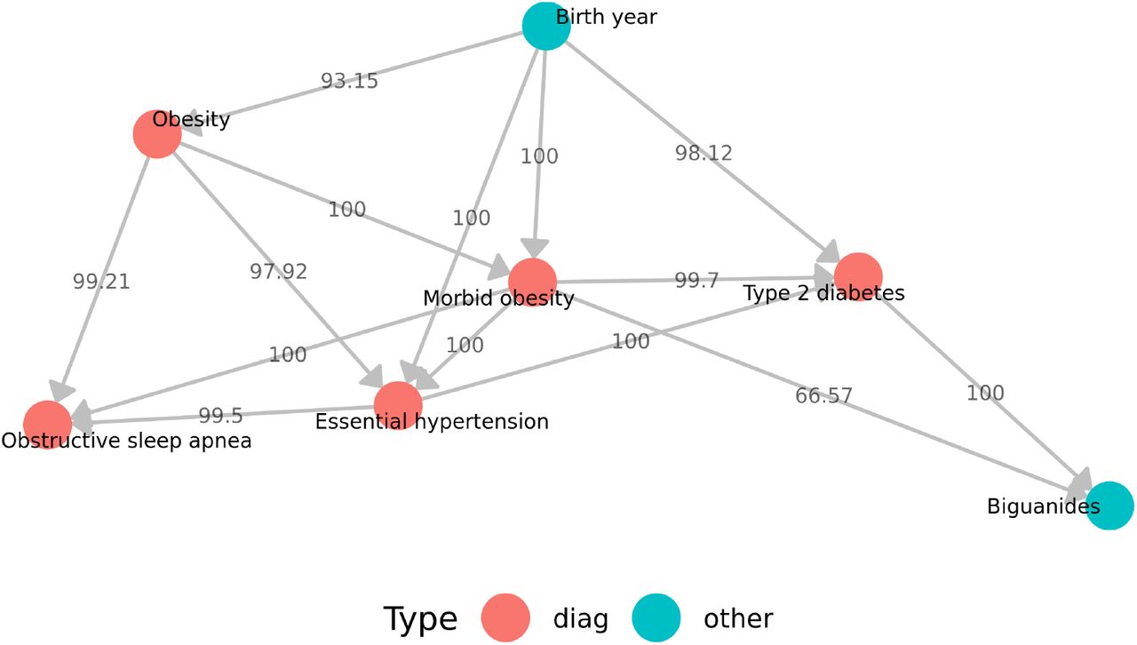Morbid obesity and the direct neighborhood in the inferred Bayesian network. The numbers indicate the bootstrap strength of the respective edges in percentage. That means a bootstrap strength of 100 indicates that the corresponding edge has been found in each of 1000 BN reconstructions learned from different bootstrap samples.