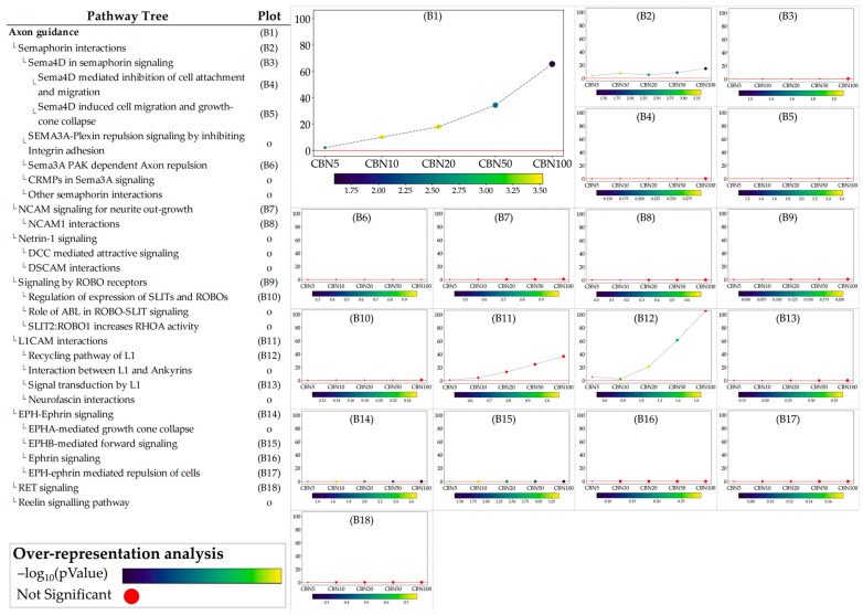 Perturbation plots for the sub-pathways composing the composite process of axon guidance. Due to the lack of topological data from the Reactome database, some of the pathways (indicated with “o” in the pathway tree) did not produce any results. On the y-axis, we report the perturbation levels. Dot color indicates the over-representation analysis (ORA)-associated p value for each dosage. Red dots indicate dosages at which the DEGs were not significantly enriched in the pathway from ORA analysis.
