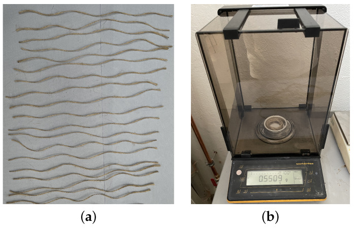 (a) Specimens and (b) measurement by analytical weighting scale for fiber fineness.