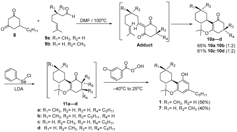 Total synthesis of (9R) hexahydrocannabinol (1) and (9S) hexahydrocannabinol (6) developed by Tietze [18].
