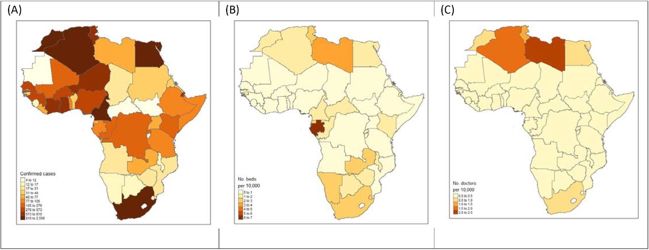 (A) Total number of confirmed COVID-19 cases as at 11th April 2020, (B) Distribution of the number of hospital beds (per 10,000), (C) Distribution of the number of physicians (per 10,000).