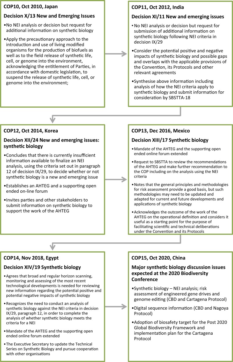 Timeline and highlights of synthetic biology and related NEI COP decisions.