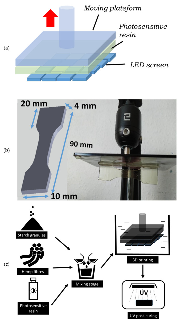 Digital light processing illustrated: (a) sketch describing the principle of DLP; (b) sample, dimensions, orientation, and printed dogbone sample using longer photosensitive resin; (c) illustrative sketch of the process preparation up to the post-treatment.
