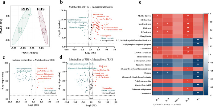 Multivariate, univariate, and correlation analysis of metabolites in RHS (raw hemp seeds), FHS (L. plantarum fermented hemp seeds), and bacterial (L. plantarum culture medium) groups.a Principal component analysis (PCA) score plot between RHS and FHS. b Volcano plot of differential metabolites between FHS and bacterial groups. c Volcano plot of differential metabolites between RHS and bacterial groups. d Volcano plot of differential metabolites between FHS and RHS groups. e Correlation map between differential metabolites and anti-inflammatory activity (IL-6, TNF-α, IL-18, IL-1β, NO). The color indicates the correlation coefficient and the star markers indicate a statistical difference. The orange color represents a positive correlation, and the blue color represents a negative correlation.