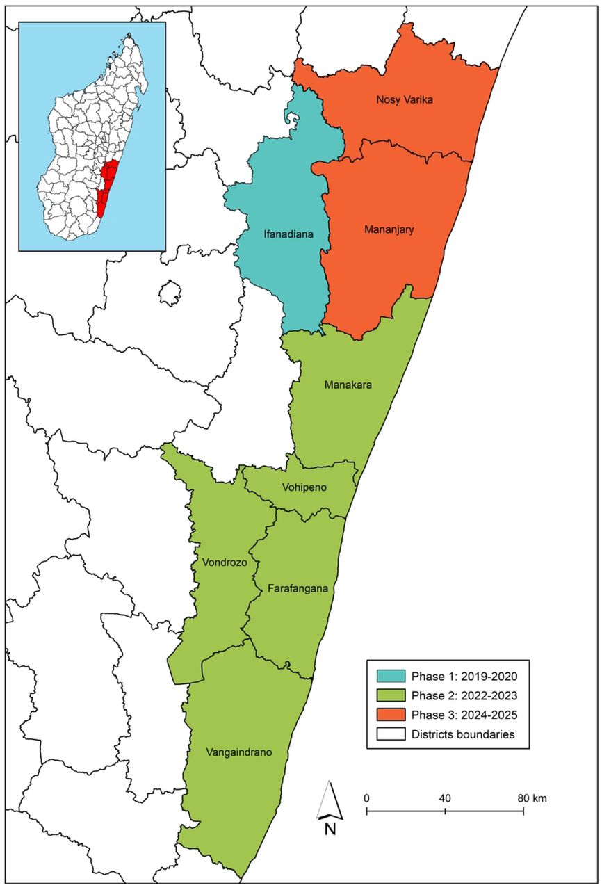 Geographic extent of the study area and timing of the OSM mapping, South-Eastern Madagascar 2019-2025. Each mapping phase is represented by a different color.