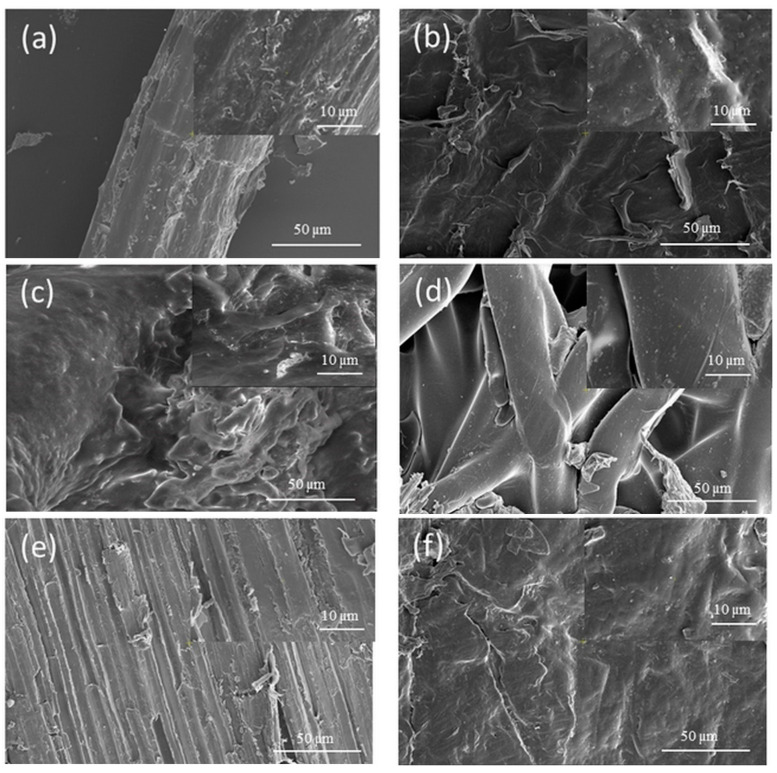 SEM images of (a) hemp fibres, (b) polypropylene, (c) polyester, (d) bicomponent fibres; (e) 75H25PP, (f) 50H50PP, (g) 25H75PP, (h) 50H50PES and (i) 50H50BI.