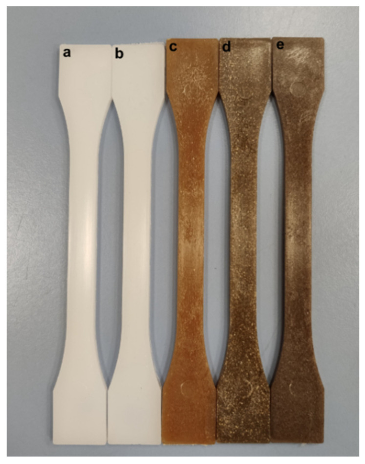 Visual appearance of the samples: (a) BioHDPE; (b) BioHDPE/PE-g-MA; (c) BioHDPE/Hemp/PE-g-MA; (d) BioHDPE/Flax/PE-g-MA; (e) BioHDPE/Jute/PE-g-MA.