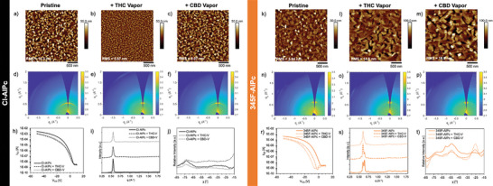 Film morphology and device performance of a–j) Cl‐AlPc and k–t) 345F‐AlPc films in response to 300 ppm THC vapor or CBD vapor. a–c,k–m) 2.5 µm × 2.5 µm AFM images. d–f,n–p) 2D GIWAXS spectra while i,s) are the corresponding diffraction patterns, and j) and t) are the linecut profiles with respect to χ for a q range of 0.5–0.65. h,r) OTFT transfer curves.