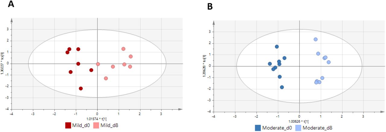 Untargeted metabolomic profiles at baseline and day 8 of participants with mild and moderate COVID19 supervised OPLS-DA models for CE-MS data.(A) Plot A represents the differences in mild cases (R2 = 0.816, Q2 = 0.596; CV-ANOVA p-value = 0.062). (B) Plot B represents the differences in moderate cases (R2 = 0.961, Q2 = 0.716; CV-ANOVA p-value = 0.014).