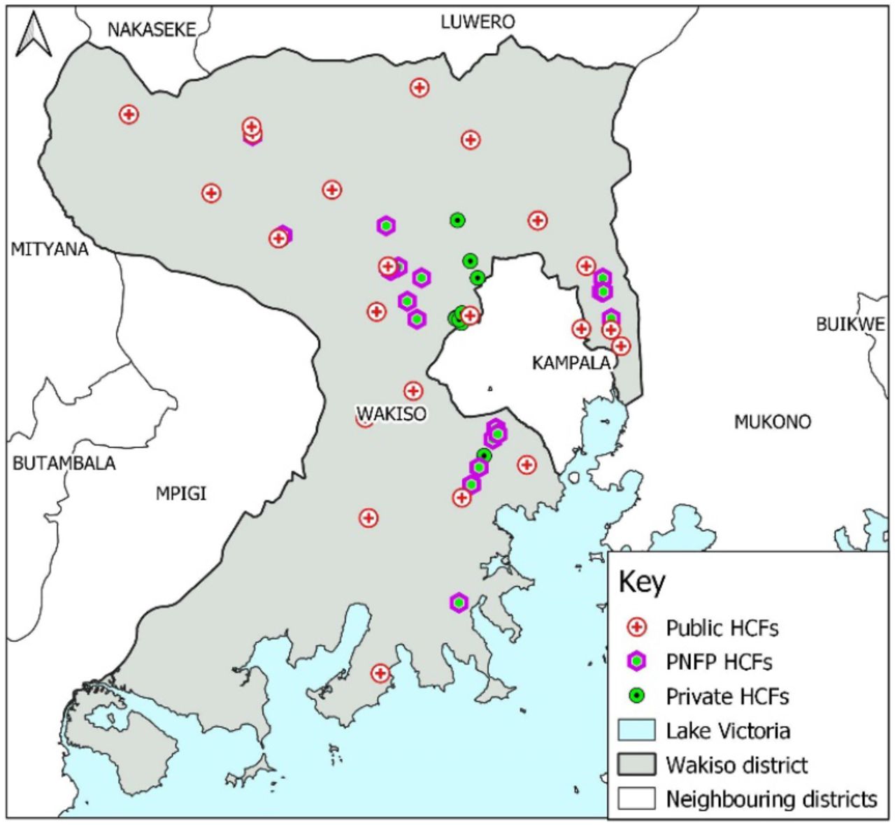 Map of Wakiso district showing the distribution of sampled healthcare facilities by ownership status