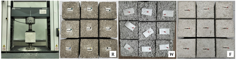 Instron 3382 machine and samples of all series prepared for compressive strength tests.