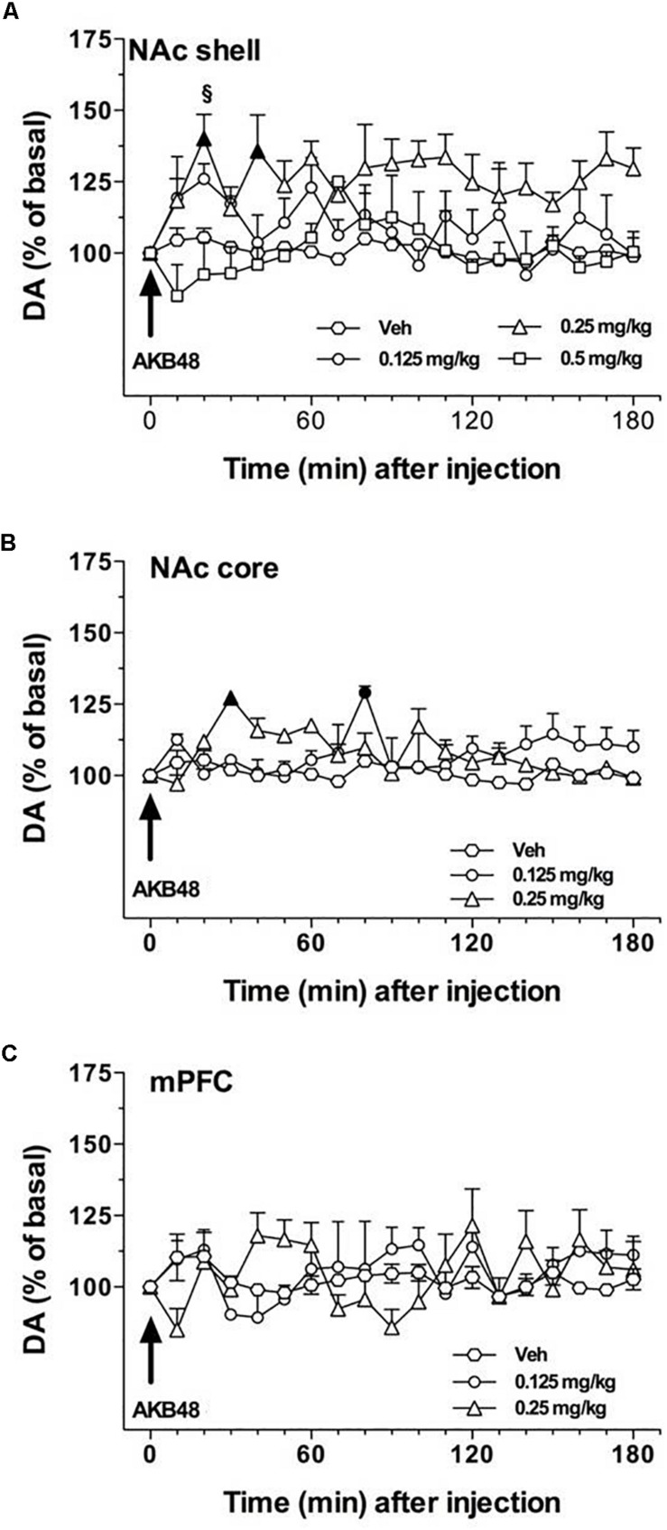 Effect of AKB48 administration on DA transmission in the NAc shell (A), NAc core (B), and mPFC (C). Results are expressed as mean ± SEM of change in DA extracellular levels expressed as the percentage of basal values. The arrow indicates the start of AKB48 i.p. injection at the dose of 0.125 mg/kg (circles), 0.25 mg/kg (triangles), 0.5 mg/kg (squares) or vehicle (diamonds) in the NAc shell (A), NAc core (B), and mPFC (C). Statistical analysis was performed by Three-way or two-way ANOVA followed by the Tukey’s HSD post hoc test for multiple comparisons. Solid symbol: p < 0.05 with respect to basal values; § p < 0.05 vs. NAc core group; ∗p < 0.05 vs. mPFC group (NAc shell n = 11; NAc core n = 10; mPFC n = 13).