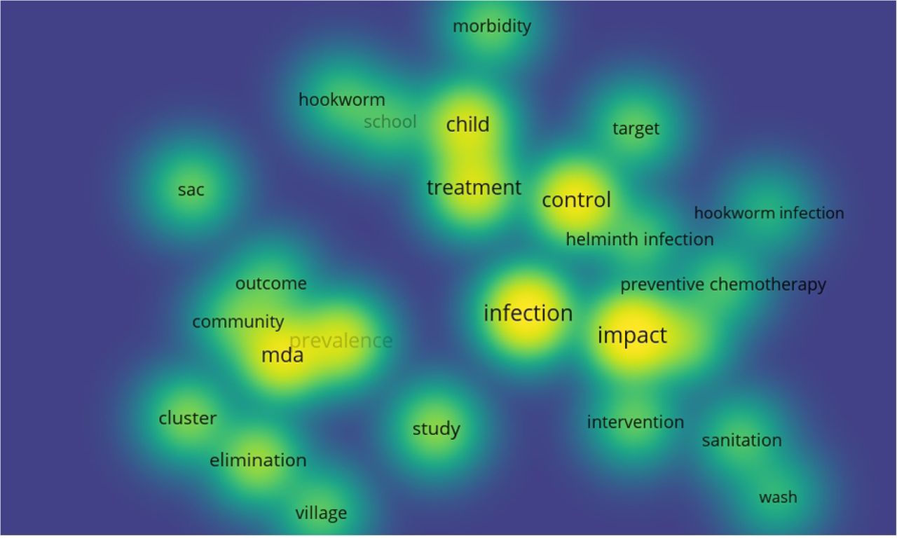 Density visualization of frequently co-occurring terms in the titles and abstracts of included studies. Warmer colors (yellow) indicate terms with higher frequency and stronger co-occurrence density.