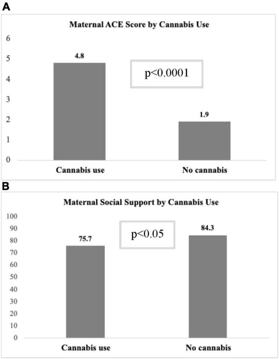 (A) Mean maternal ACE and (B) social support scores by prenatal cannabis exposure.