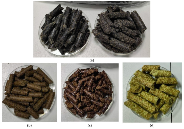 Different oilcakes used in the study: (a) sunflower seed oilcake; (b) hemp seed oilcake; (c) flax seed oilcake; (d) pumpkin seed oilcake.