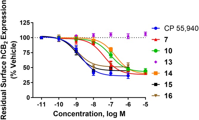 Internalisation of hCB2 in response to CP 55,940 and 2,4,6-trisubstituted 1,3,5-triazines. Internalisation of hCB2 in HEK Flp-in hCB2 cells in response to a 1 h stimulation with varying concentrations of CP 55,940 or test compounds. Data are presented as mean ± SEM from 3–4 independent experiments, and were normalised to vehicle-treated (100%).