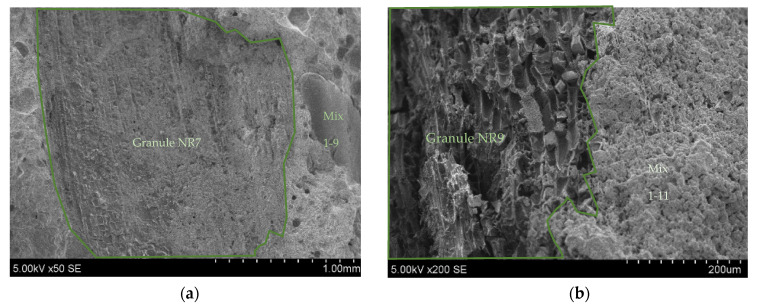 Prism crosscuts with granules in mix 1–9 (a) and mix 1–11 (b).
