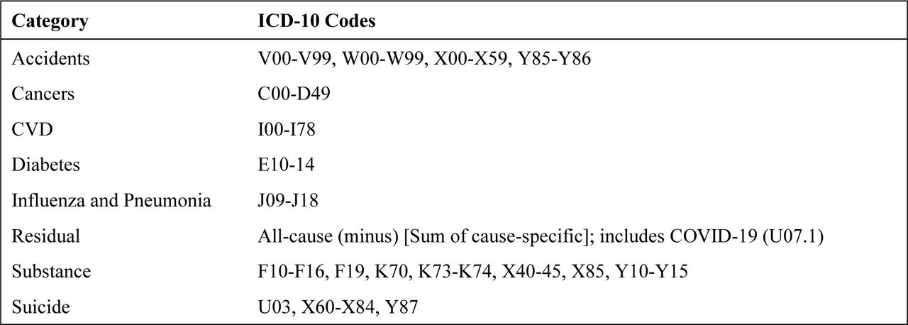 ICD-10 codes corresponding to each cause of death