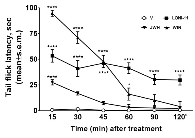 Antinociceptive effect of JWH-018 (JWH), WIN 55,212-2 (WIN), LONI11 and vehicle (V, saline 0.1% v/v DMSO) at the dose of 10 µg/10 µL after intracerebroventricular (i.c.v.) administration in the tail flick test. The antinociceptive activity is expressed as percentage of the maximum possible effect (%MPE ± s.e.m.). * is for p < 0.05 and **** is for p < 0.0001 vs. V (vehicle-treated animals). N = 6.