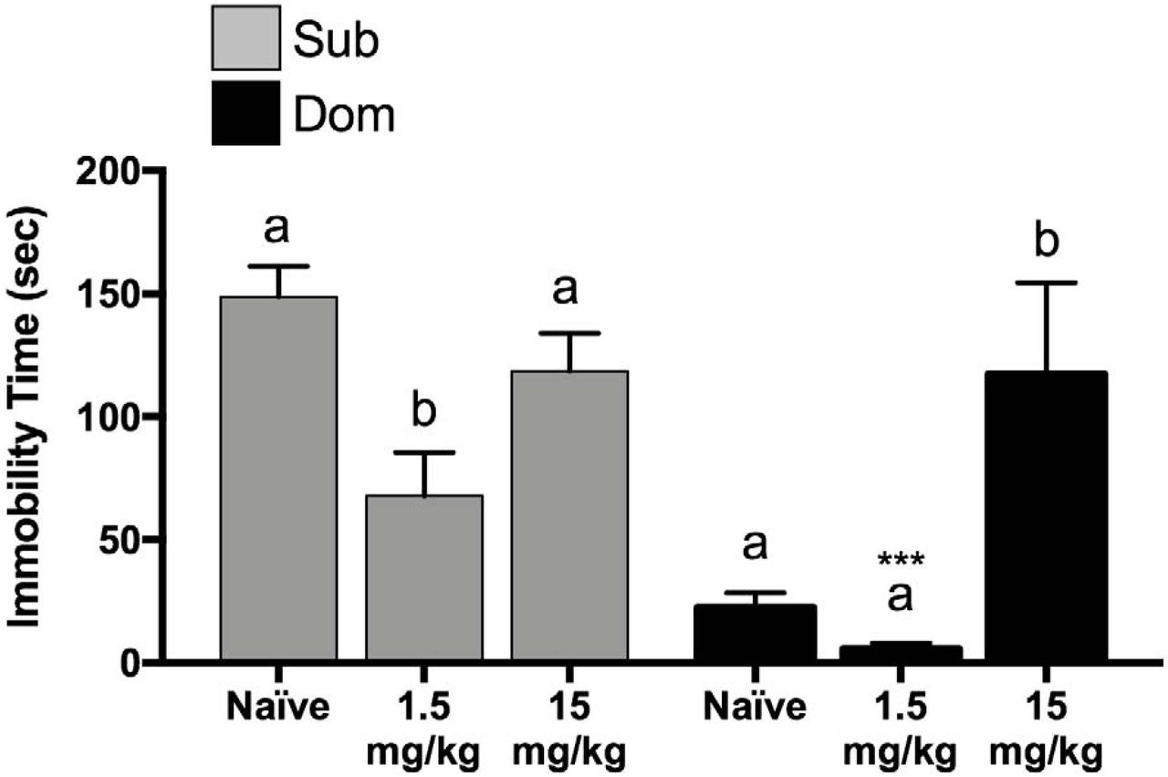 Acute effect of Forced Swim Test (FST) with total immobility time (seconds) in THC-injected mice compared with Naïve groups (two-way ANOVA with Tukey’s post hoc analysis, treatment effect F(2,24)=9.45, P<0.05; mouse population effect F(1,24) = 16.94, P < 0.0 1; interaction F(2,24) = 5.528, P < 0.05; n = 5 mice/group); letters represent results of Tukey means separation test; Naïve Dom vs. 1.5 mg/kg Dom: unpaired t(7)=6.198, ***P < 0.001, data are presented as delta ± SEM.