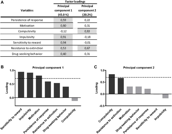 Principal component analysis of cannabinoid addiction through WIN 55,212–2 operant self-administration. (A) Factor loadings of the principal component 1 (PC1) and principal component 2 (PC2) in all variables studied. (B–C) Order of factor loading of the different variables in PC1 and PC2. The dashed horizontal line marks loading greater than 0.7, mainly contributing to the component. In regards to the addiction criteria, a dissociation between motivation and persistence of response, mainly contributing to PC1, and compulsivity, mainly contributing to PC2, can be observed. Regarding parameters related to craving, drug-seeking behavior weighted more in the PC1, while resistance to extinction weighted more in the PC2, even though its influence is also present in the PC1. For the phenotypic traits, both weighted more in the PC1.