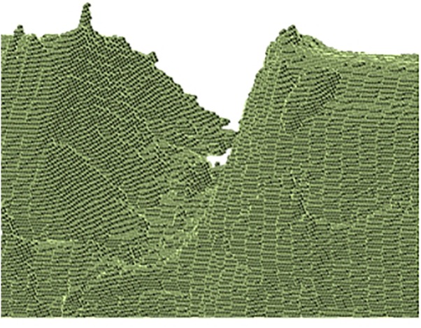 Magnified view close to a U-notch on digitalised hemp fiber showing 3D regular meshing using voxel-to-element conversion.