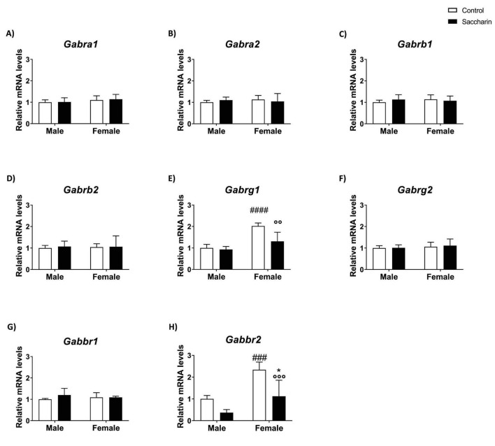 Eight bar graphs compare relative mRNA levels of specific GABA receptor subunits (Gabra1, Gabra2, Gabrb1, Gabrb2, Gabrg1, Gabrg2, Gabbr1, Gabbr2) in male and female samples, with control and saccharin-treated groups indicated by white and black bars. Significant differences for Gabrg1 and Gabbr2 are marked in female samples. Error bars represent variability for each group.