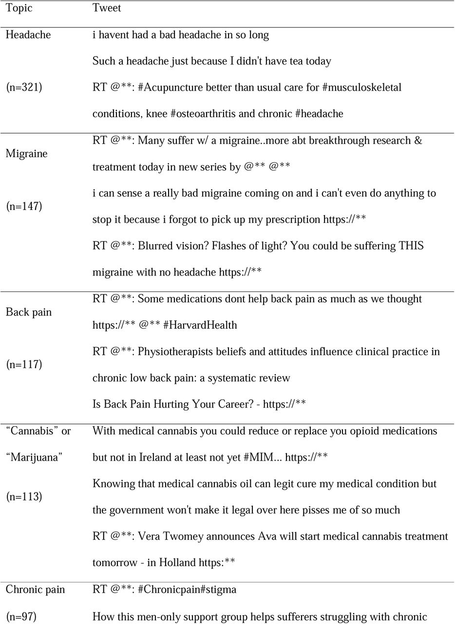 Commonly occurring topics and a random sample of tweets