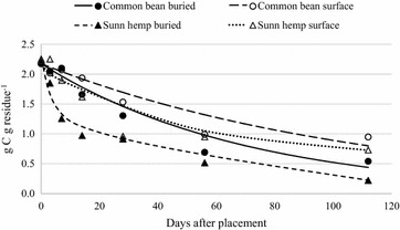 Net C mineralization from buried and surface-placed common bean and sunn hemp residue over 112 days