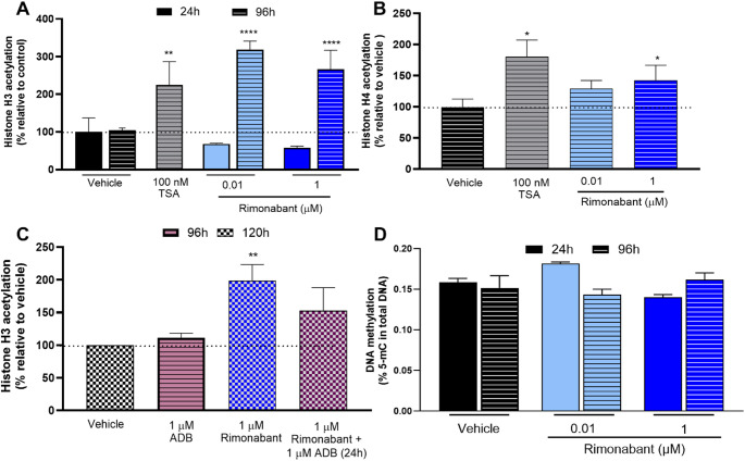 Assessment of rimonabant’s effects on global histone acetylation. SH-SY5Y cells were incubated for 96 h with 0.01 and 1µM rimonabant, 100 nM TSA or a vehicle control (0.1 % DMSO). (A) Global histone H3 and (B) H4 acetylation levels were quantified in histone extracts using commercially available kits (Abcam). (C) The potential involvement of the CB1 receptor in rimonabant-induced histone acetylation was assessed by incubating cells with 1 µM ADB-FUBINACA for additional 24 h, following cells’ incubation with rimonabant. (D) Global DNA methylation was assessed in DNA extracts using commercially available kits (Abcam). Each bar represents the mean ± S.E.M. for at least four independent experiments, performed in duplicate. * p < 0.05, ** p < 0.01, **** p < 0.0001 compared to vehicle control, using One-way ANOVA, followed by Dunnett´s post-test